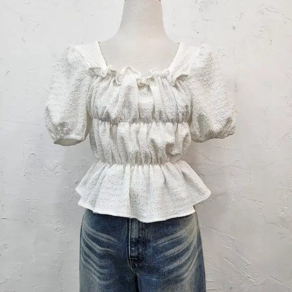 [BUNJANG] White Frill Square Neck Puff Sleeve Blouse / 화이트 프릴 스퀘어넥 퍼프 소매 블라우스