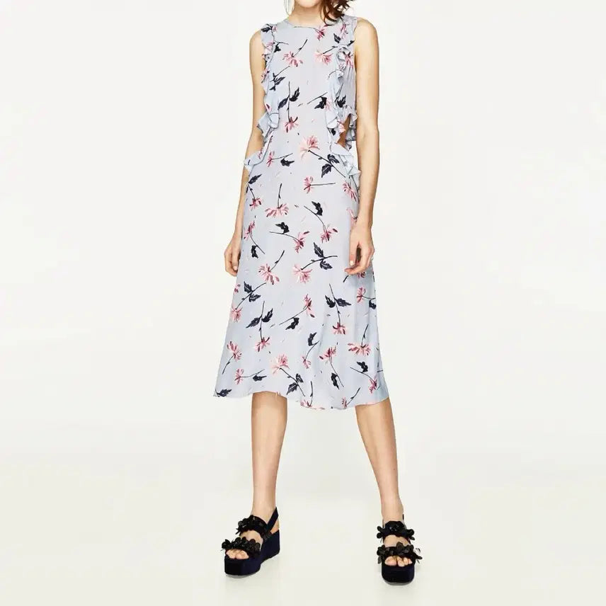 [BUNJANG] ZARA Light Blue Floral Cut-Out Dress / 새상품) 자라 ZARA 하늘색 꽃무늬 컷아웃 원피스