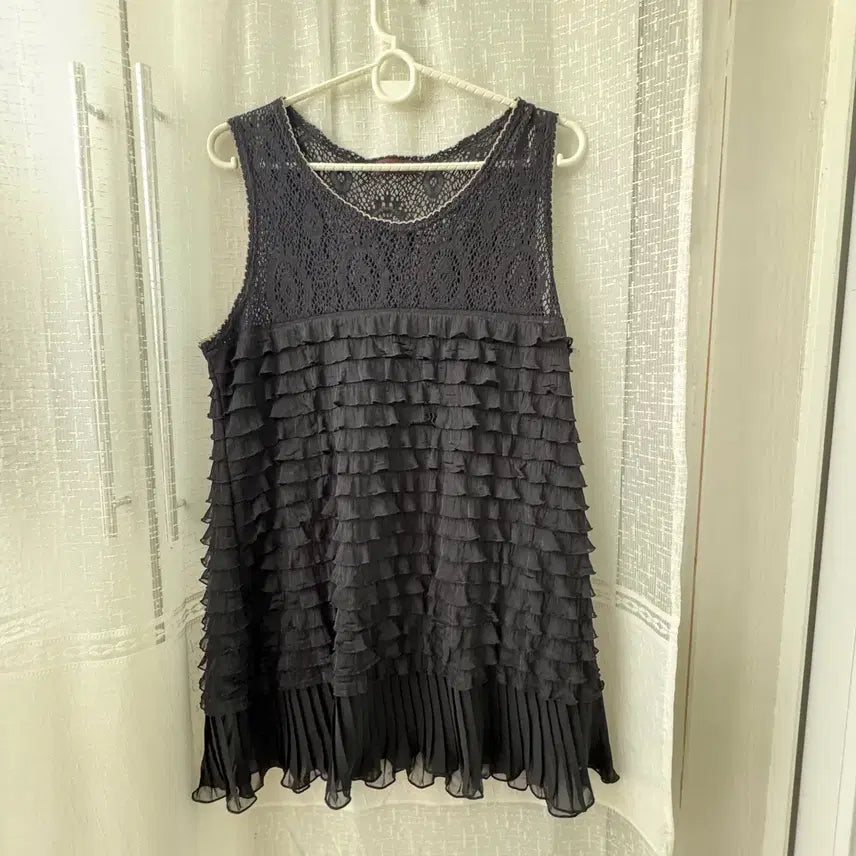 [BUNJANG] Vintage Black Knitting Frill Chiffon Tank Top Mini Dress / 빈티지 블랙 니팅 프릴 쉬폰 나시 탑 원피스