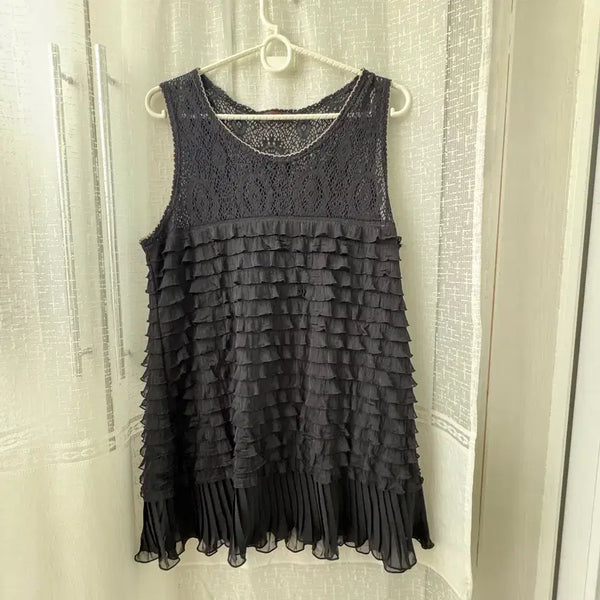 [BUNJANG] Vintage Black Knitting Frill Chiffon Tank Top Mini Dress / 빈티지 블랙 니팅 프릴 쉬폰 나시 탑 원피스