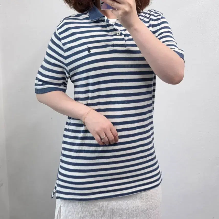 [BUNJANG] Polo Ralph Lauren Striped Short Sleeve Polo Shirt Blue/White / [프립]L(14-16)/폴로 랄프로렌 스트라이프 반팔 카라티 블루화이트