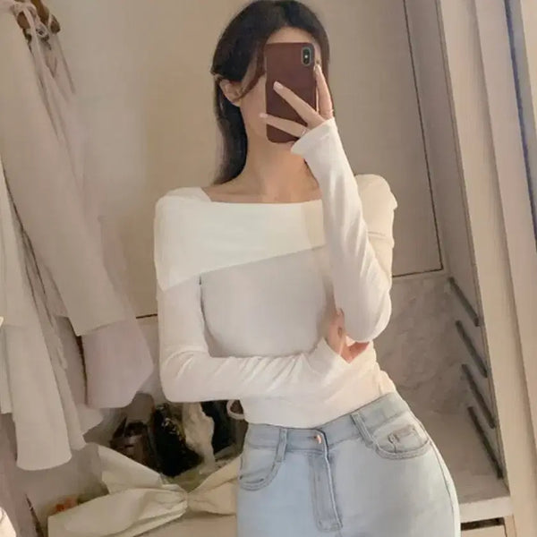 [BUNJANG] White Off-Shoulder Long-Sleeve T-Shirt / 화이트 오프숄더 긴팔 티셔츠