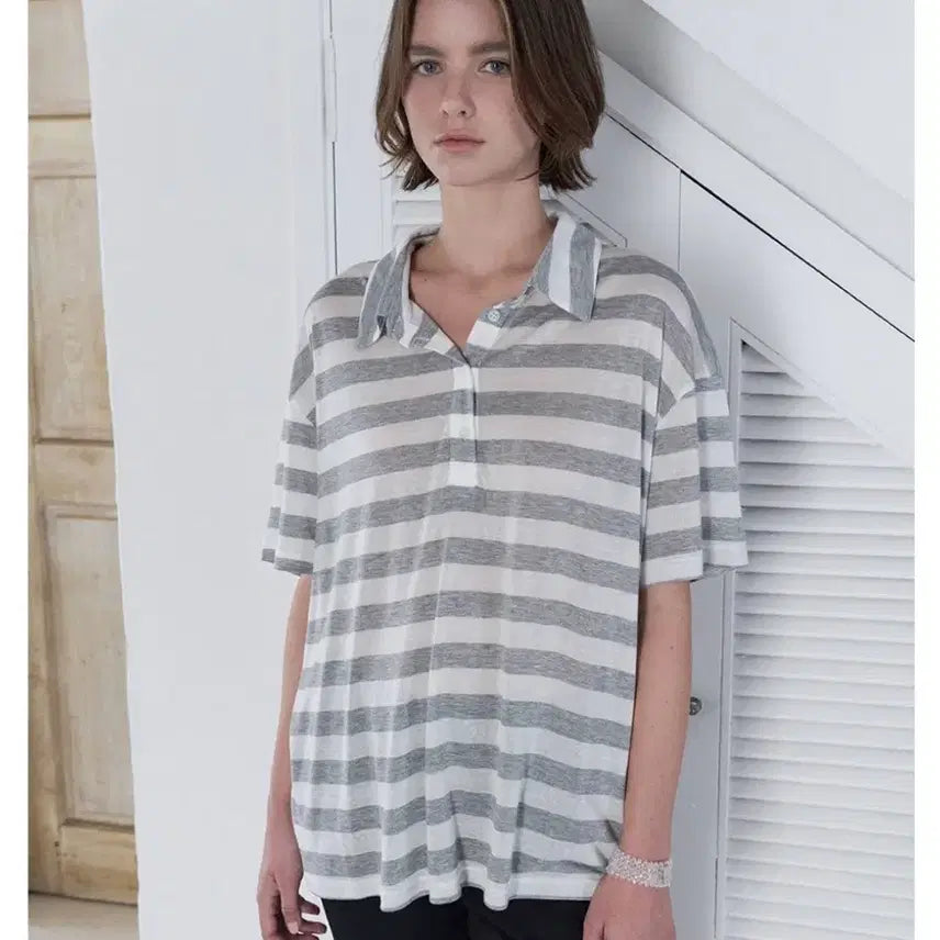 [BUNJANG] Etoile Sheer Stripe Polo T-Shirt / [새상품] 에토아 시어 스트라이프 폴로 티셔츠(정가6.8)