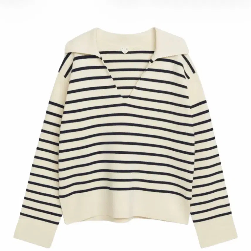 [BUNJANG] ARKET Cotton Stripe V-Neck Sweater Off White Black / 아르켓 코튼 스웨터 오프 화이트 블랙