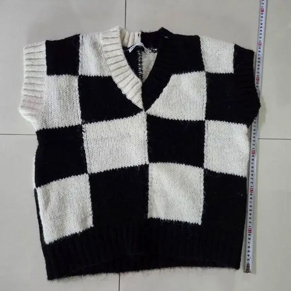 [BUNJANG] Zara Check Pattern V-Neck Knit Vest / 자라 체크 패턴 브이넥 니트 조끼