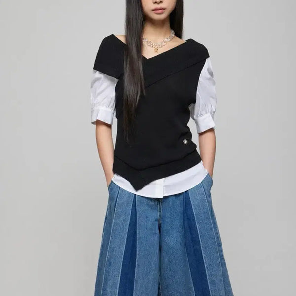[BUNJANG] DEWL Blouse & Denim Pleated Pants Set / (가격내림) 듀엘 블라우스&데님 플리츠 팬츠 셋업