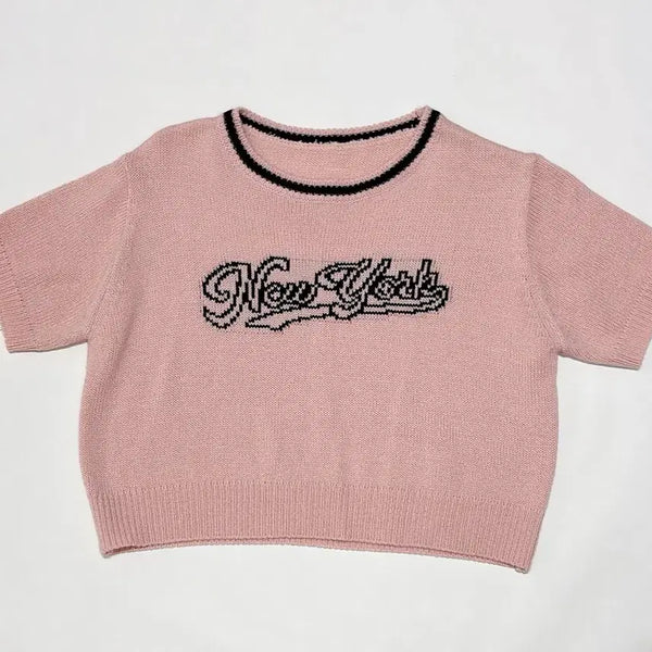 [BUNJANG] WEGO Pink Cropped Short Sleeve Knit / 위고 WEGO 핑크 크롭 반팔 니트 새상품