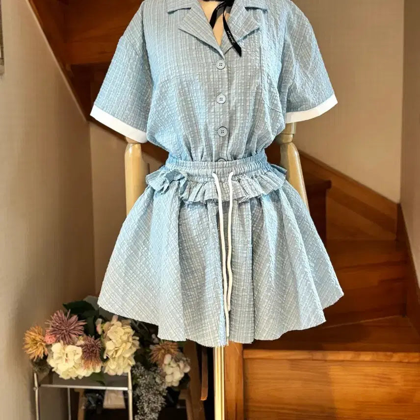 [BUNJANG] Seersucker Setup (Shirt & Flare Skirt) / 시어서커 셋업