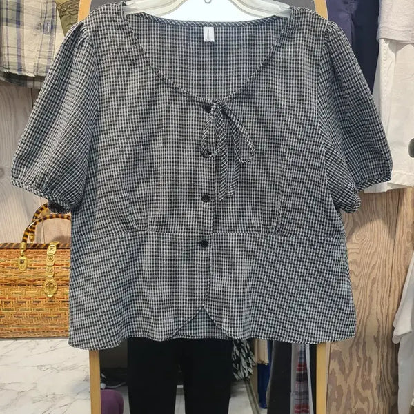 [BUNJANG] RIRINCO Gingham Check Ribbon Puff Blouse (Size 3/66-77) / [정품] 리리앤코 깅엄 체크 리본 퍼프 블라우스(사이즈 3/66~77)