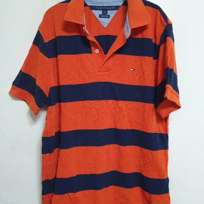 [BUNJANG] Tommy Hilfiger Orange Navy Stripe Polo Shirt M / 타미힐피거 오렌지 네이비 스트라이프 카라티 M