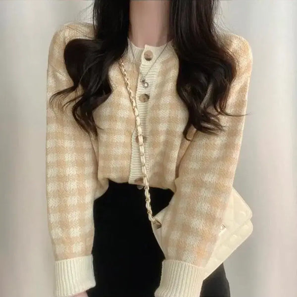 [BUNJANG] Colorblock Check Pattern Long Sleeve Knit Cardigan Yellow (Free Size) / 배색 체크 패턴 긴팔 니트 가디건 옐로우 (FREE)
