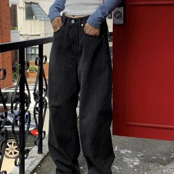 [BUNJANG] Obnine.itkim Autumn Black Up Wide Pants / 스트라이프 블랙 와이드 팬츠 오브나인릿킴매니크어텀블랙업아캄