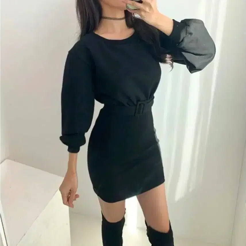 [BUNJANG] Black Puff Sleeve Sweatshirt Mini Ribbed Knit Dress / 블랙 퍼프소매 맨투맨 미니 골지 연결 원피스