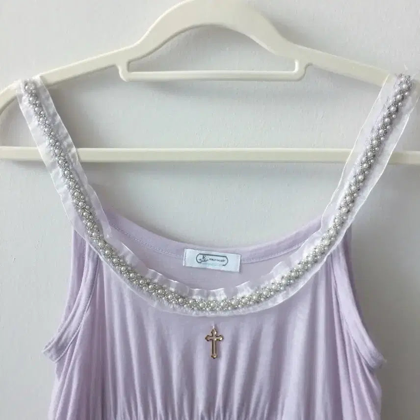 [BUNJANG] Vintage Cross Lace Beaded Lilac Flowy Dress / 빈티지 십자가 레이스 비즈 라일락 찰랑 일본 원피스 판매해요!