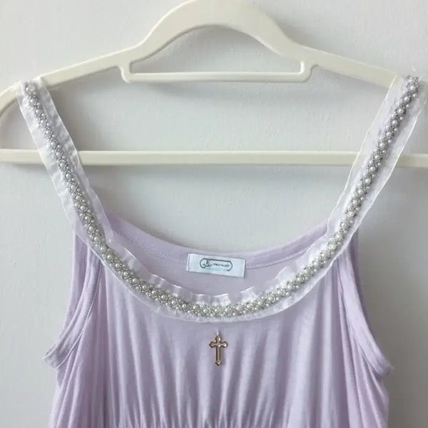 [BUNJANG] Vintage Cross Lace Beaded Lilac Flowy Dress / 빈티지 십자가 레이스 비즈 라일락 찰랑 일본 원피스 판매해요!
