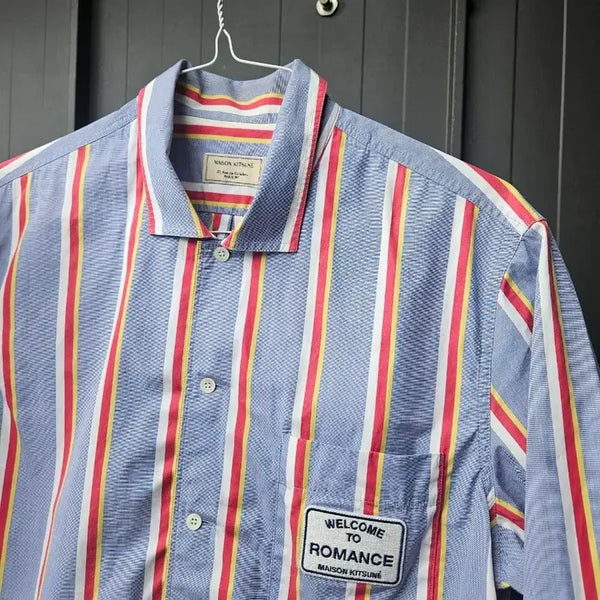 [BUNJANG] Maison Kitsuné Logo Stripe Short Sleeve Shirt / 100 메종키츠네 국내매장판 로고 스트라이프 반팔셔츠