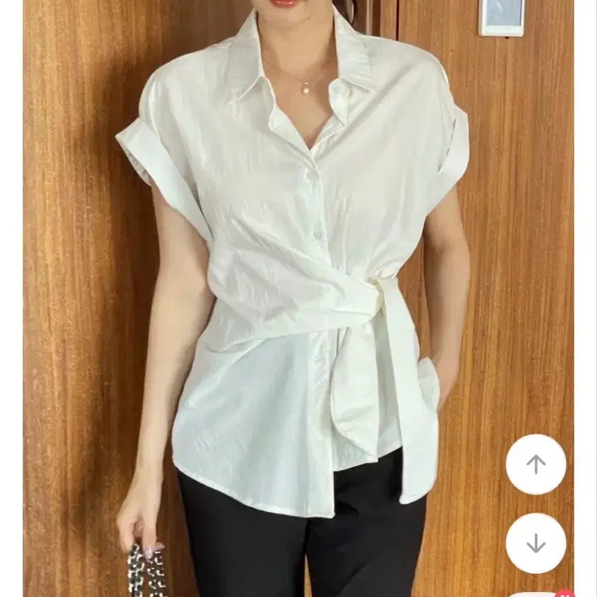[BUNJANG] White Wrap Collar Shirt with Waist Strap / 랩 카라셔츠