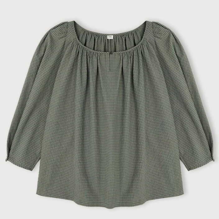 [BUNJANG] Ethos Round Neck Shirring Blouse (Khaki Check) / 에토스 Round Neck Shirring Blouse (카키체크)