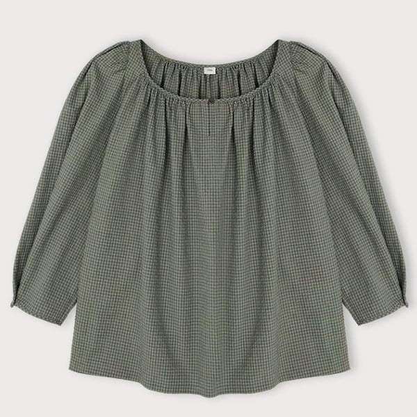 [BUNJANG] Ethos Round Neck Shirring Blouse (Khaki Check) / 에토스 Round Neck Shirring Blouse (카키체크)