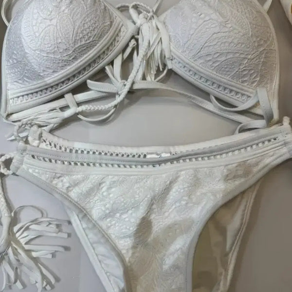 [BUNJANG] White Lace Tassel Bikini / 화이트 비키니 레이스 태슬