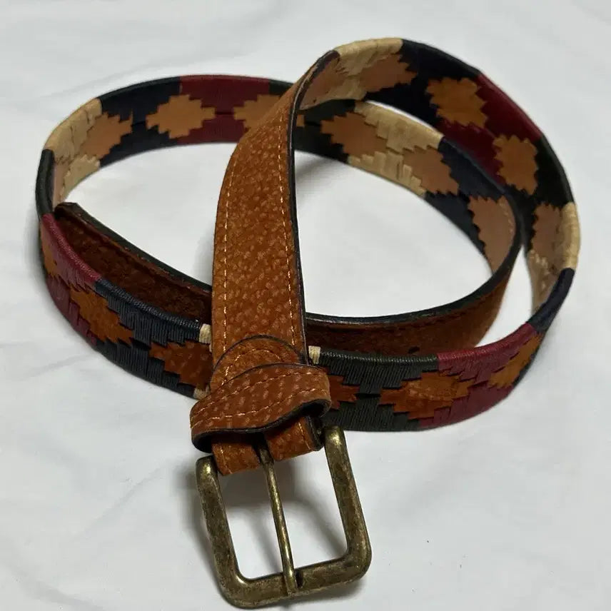 [BUNJANG] Vintage Ethnic Pattern Leather Belt (115cm) / 빈티지 에스닉 패턴 가죽 벨트 115