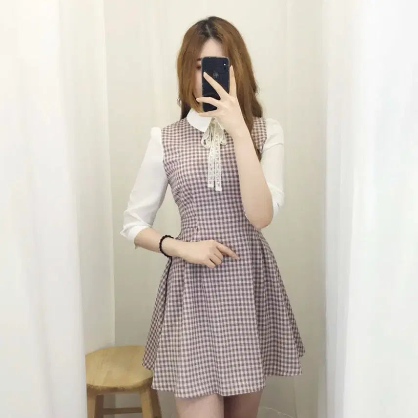 [BUNJANG] Check Ribbon Midi Dress / 체크 리본 원피스 (새상품)