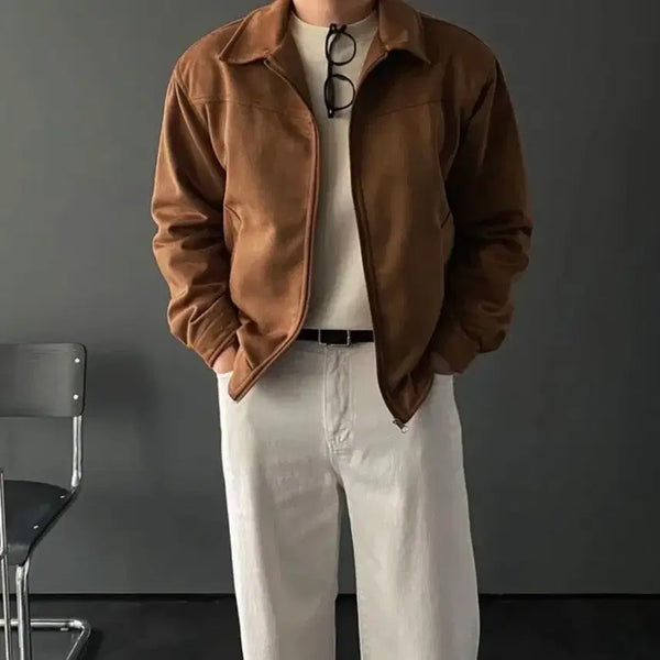 [BUNJANG] Suede Collar Crop Jacket Brown / 스웨이드 블루종 카라 크롭 자켓 브라운