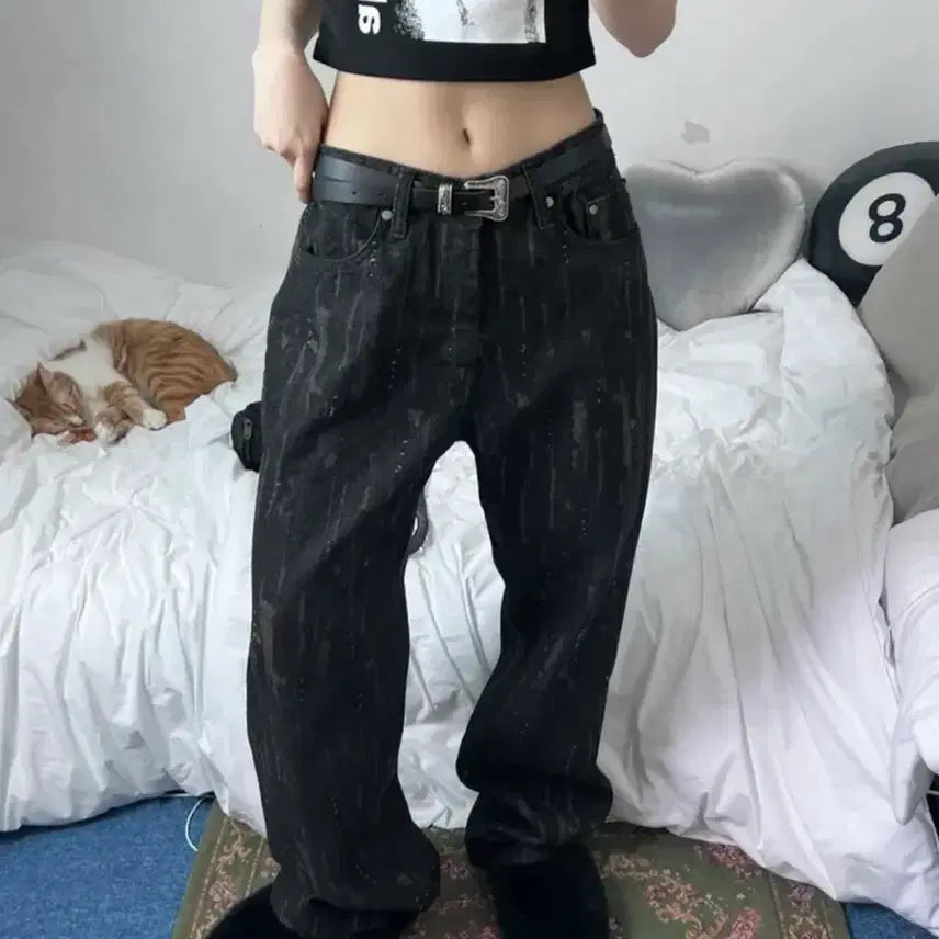 [BUNJANG] Damage Punching Denim Wide Pants Black / [미착용/새제품] 데미지 펀칭 데님 와이드 팬츠 블랙