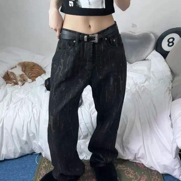 [BUNJANG] Damage Punching Denim Wide Pants Black / [미착용/새제품] 데미지 펀칭 데님 와이드 팬츠 블랙