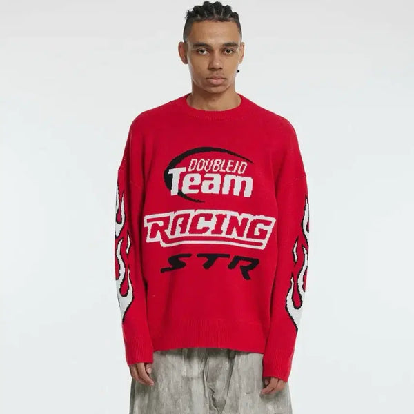 [BUNJANG] Double JD Flame Racing Knit Red F / [새상품] 더블제이디 불꽃 레이싱 니트 레드 F