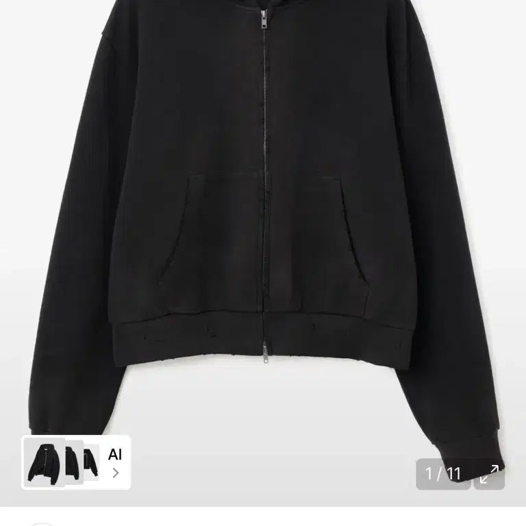 [BUNJANG] Milo Archive Damage Short Hoodie Zip-up Black / 밀로 아카이브 데미지 쇼트 후디 집업 블랙