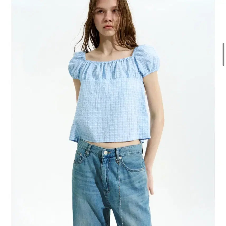 [BUNJANG] Low Classic Shirring Cotton Top - Blue Check - M / 로우클래식 셔링코튼탑_블루체크_M