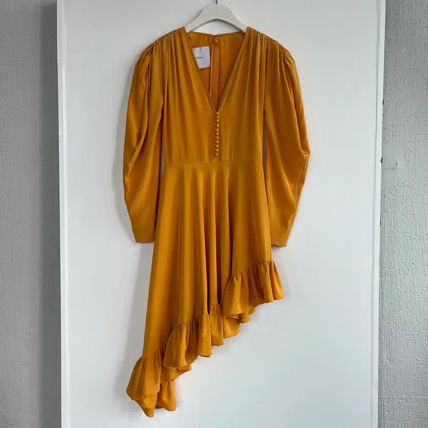 [BUNJANG] Pushbutton Mustard Silk Shirring Frill Asymmetrical Dress S / 푸시버튼 실크 머스타드 셔링 프릴 언발란스 원피스 S