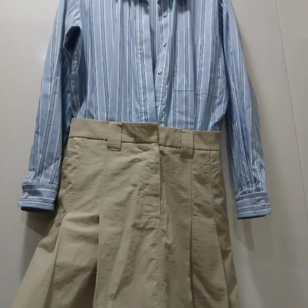 [BUNJANG] Jucy Judy Striped Shirt and Beige Pleated Skirt Set / jucy judy스트라이프 셔츠 베이지 플리츠 스커트