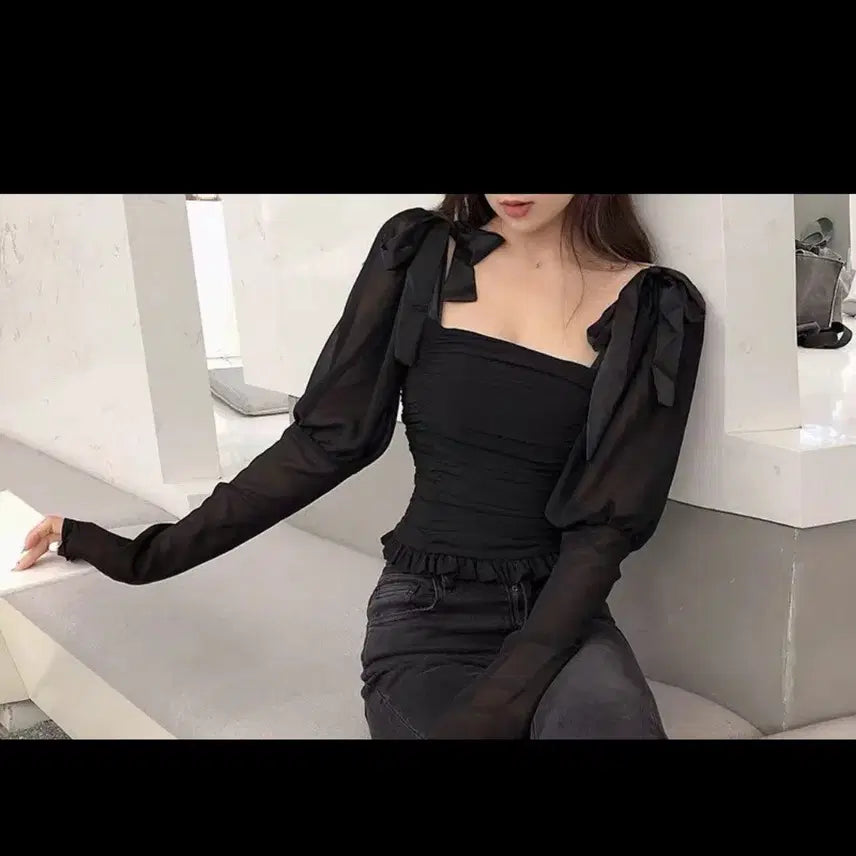 [BUNJANG] Romantic Ribbon Square Neck Top / 리본 스퀘어넥 로맨틱 리본 탑