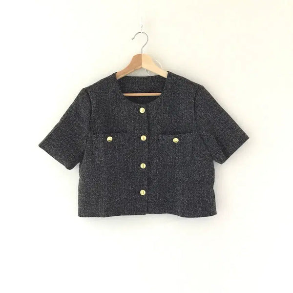 [BUNJANG] Tweed Style Cropped Short-Sleeve Jacket / (새) 블랙 화이트 트위드 스타일 크롭 반팔자켓