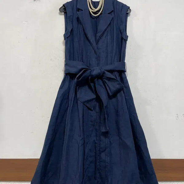 [BUNJANG] Linen 100% Jacket Style Long Dress Navy / 특가새)N6482 린넨 롱 원피스.자켓스타일.린넨100