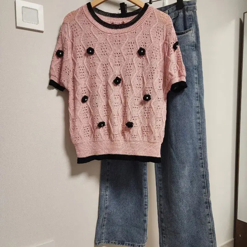 [BUNJANG] Women's Pink Flower Short Sleeve Knit Top / 여성 핑크색 플라워 반팔 니트