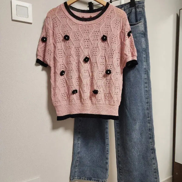 [BUNJANG] Women's Pink Flower Short Sleeve Knit Top / 여성 핑크색 플라워 반팔 니트