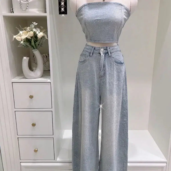 [BUNJANG] Imported Clothing Stone Top Denim Wide Set / 수입의류 스톤 탑 데님 와이드세트(S1장 바로배송)