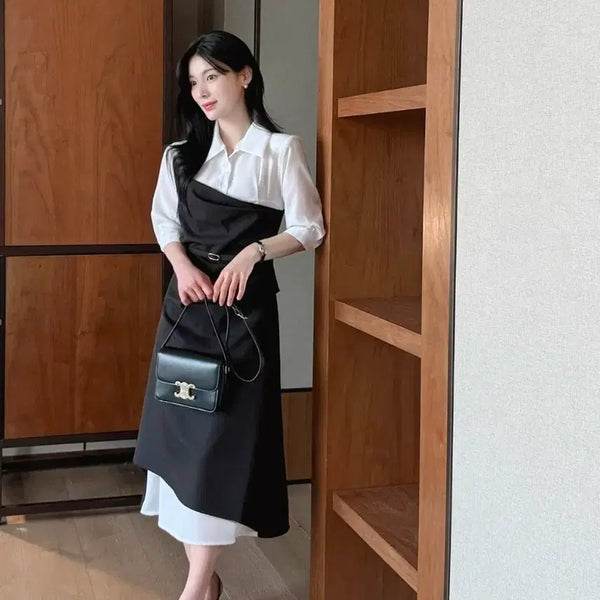 [BUNJANG] Aknyeo Diary Color Block Shirring Belt Dress Black S / 악녀일기 셔츠 배색 벨트 셔링 원피스 #블랙, S