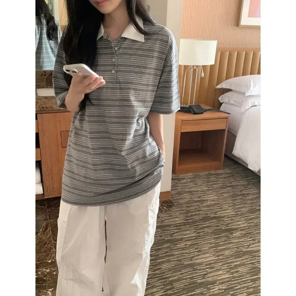 [BUNJANG] Pepper Stripe Collar T-Shirt, Oversized Rugby T-Shirt / 메리어라운드 | 페퍼 스트라이프 카라 티셔츠, 오버핏 럭비 티셔츠