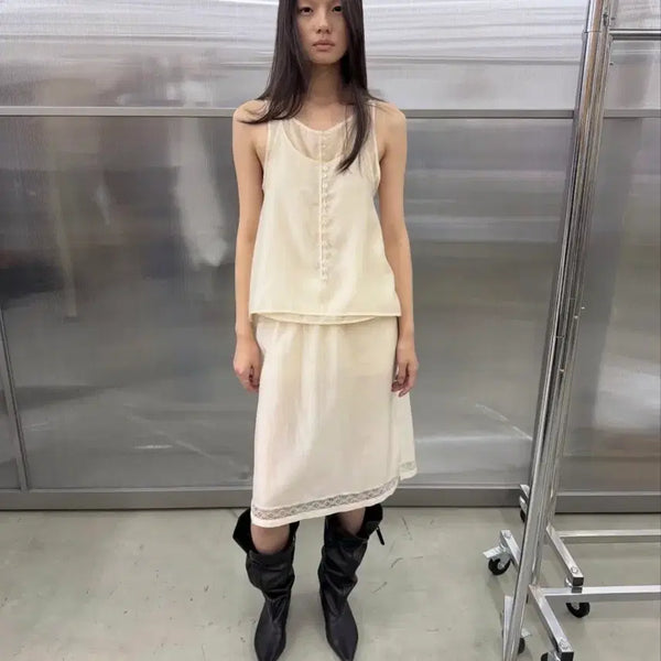 [BUNJANG] Low Classic See-Through Setup Set - Top and Lace Skirt (M) / 로우클래식 시스루 셋업 m (버튼 루프 탑, 레이스 스커트)