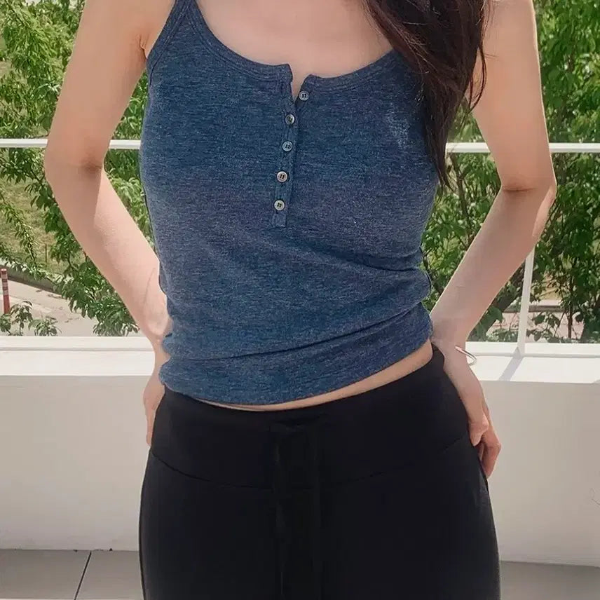 [BUNJANG] Slowand Basic Slim Fit Button Tank Top - Blue Navy / 슬로우앤드 자체제작 에포 레이어링 슬림핏 버튼나시 #블루네이비