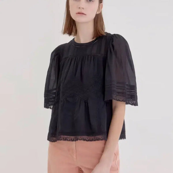 [BUNJANG] Atelier Vanessa Bruno Black Punching Panel Cotton Short Sleeve Blouse / (새상품) 아떼바네사브루노 블랙 펀칭배색 면 반팔블라우스