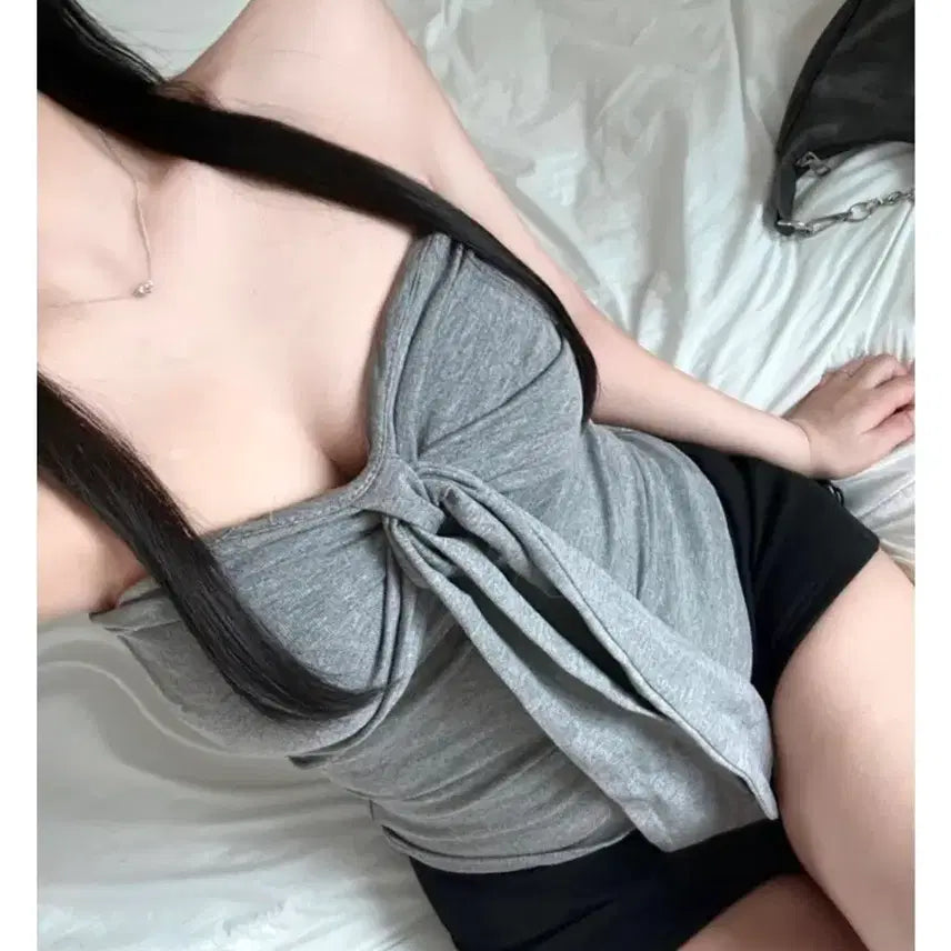 [BUNJANG] Ribbon Shirring Tube Top - Gray / 캡내장,뒷밴딩o 리본캡 셔링 회색 튜브탑