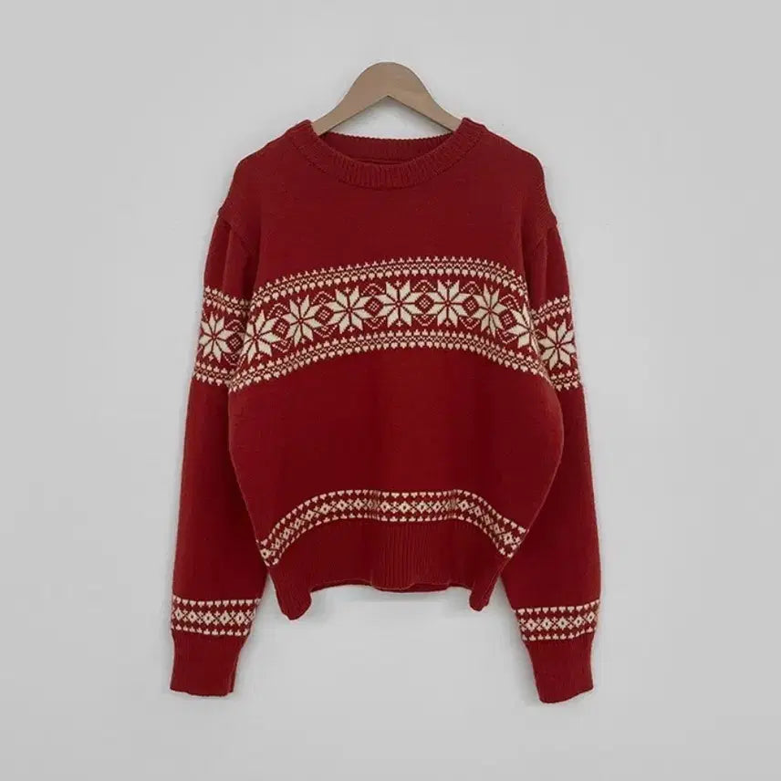 [BUNJANG] Snowflake Nordic Raglan Christmas Knit - Red / (새상품) 눈꽃 노르딕 레글런 크리스마스 니트 레드