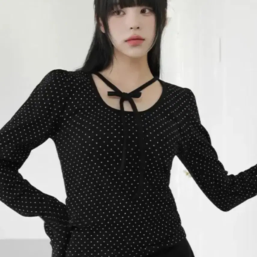 [BUNJANG] Binary One Ribbon Dot Long Sleeve T-Shirt / 에이블리 바이너리원 리본도트긴팔티