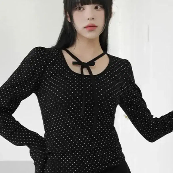 [BUNJANG] Binary One Ribbon Dot Long Sleeve T-Shirt / 에이블리 바이너리원 리본도트긴팔티