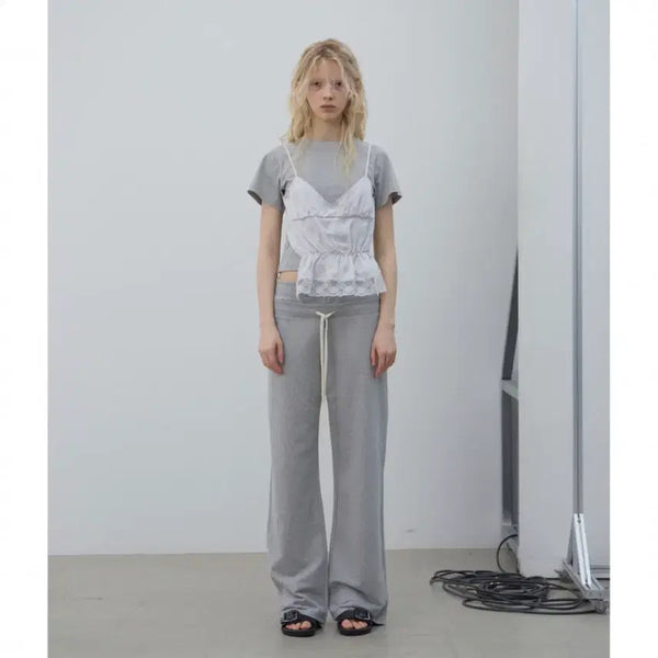 [BUNJANG] LCDC TM Lace Bustier Layered Short Sleeve Top - Mélange Grey / LCDC TM 레이스 뷔스티에 레이어드 탑 멜란지 그레이 반팔